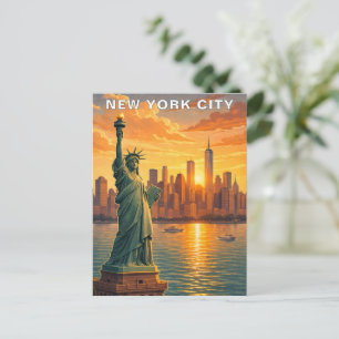 New York City Statue of Liberty Vintage Skyline Postcard