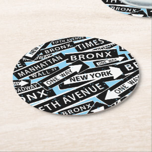 New York City Street Sign Pattern on Light Blue Round Paper Coaster