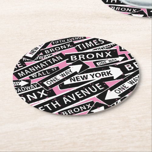 New York City Street Sign Pattern on Pink Round Paper Coaster