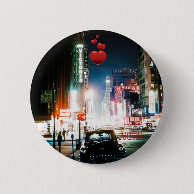 NEW YORK CITY TIMES SQUARE 1950'S NEON NIGHT PHOTO BUTTON (Front)