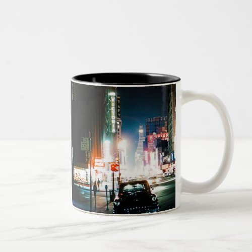 NEW YORK CITY TIMES SQUARE 1950S NEON NIGHT PHOTO Two_Tone COFFEE MUG