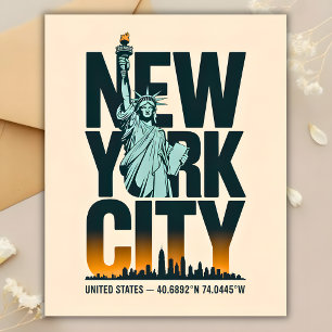 New York City Typography Statue of Liberty Skyline Postcard