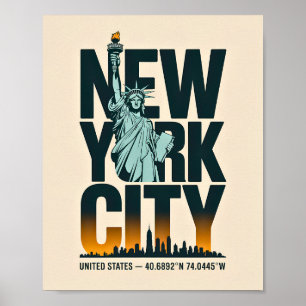 New York City Typography Statue of Liberty Skyline Poster