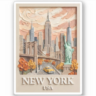 New York City Vintage 3D Textured Skyline Painting Sticker