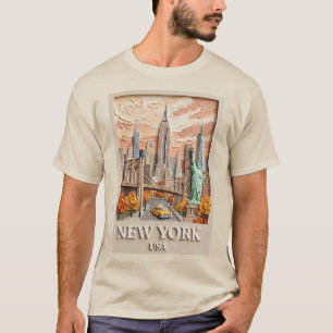 New York City Vintage 3D Textured Skyline Painting T-Shirt