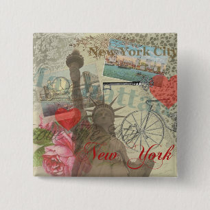 New York City Vintage Liberty Skyline Symbol Art Pinback Button