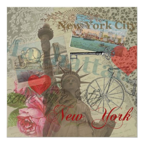 New York City Vintage Liberty Skyline Symbol Art Poster