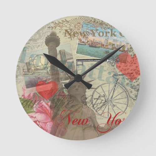 New York City Vintage Liberty Skyline Symbol Art Round Clock