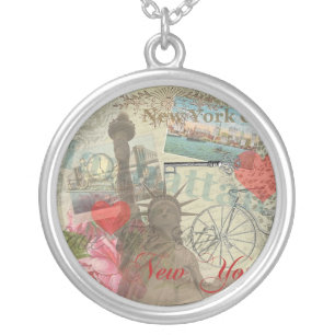 New York City Vintage Liberty Skyline Symbol Art Silver Plated Necklace