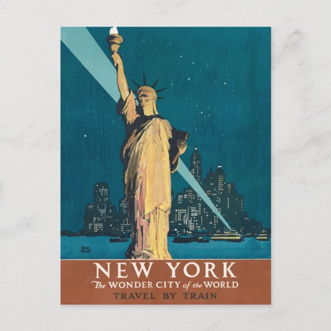 New York City Vintage Travel Liberty Skyline Postcard (Front)