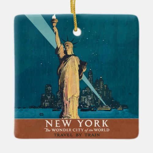 New York City Vintage Travel Poster Tote Ceramic Ornament