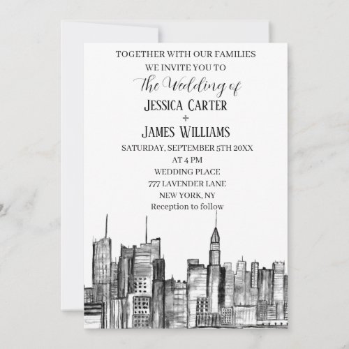 New York City Watercolor Destination Chic Wedding Invitation
