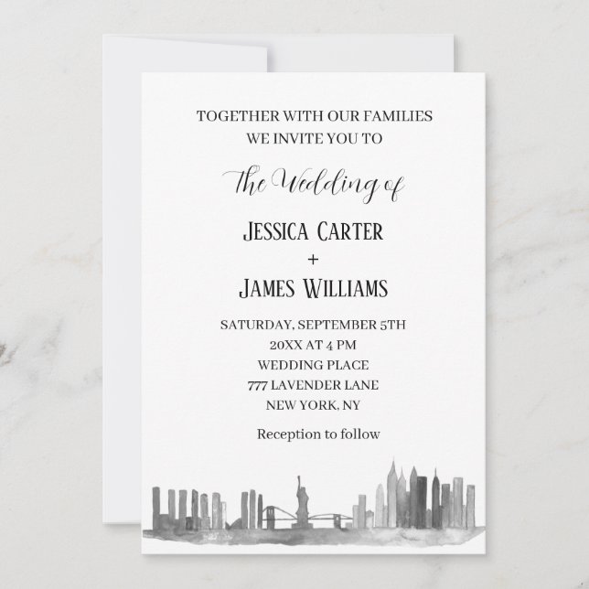 New York City Watercolor Destination Chic Wedding Invitation (Front)