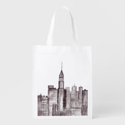 New York city watercolor Manhattan skyline  Grocery Bag
