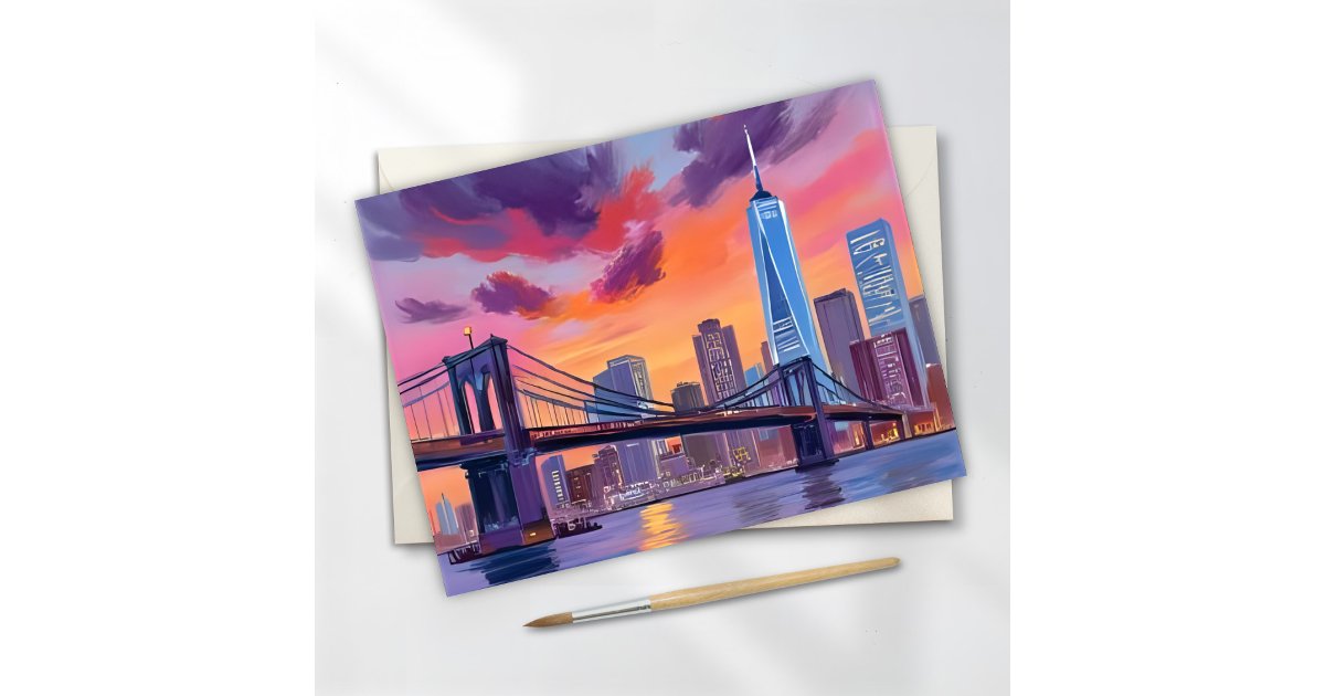 New York City Watercolor Skyline Bridge Painting Postcard | Zazzle
