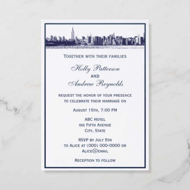 New York City Wide Angle Skyline ERF Wedding Letterpress Photo Cards (Front)