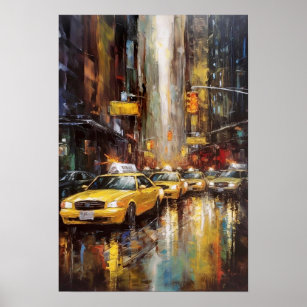 New York City Yellow Cabs Abstract Oil Painting Poster
