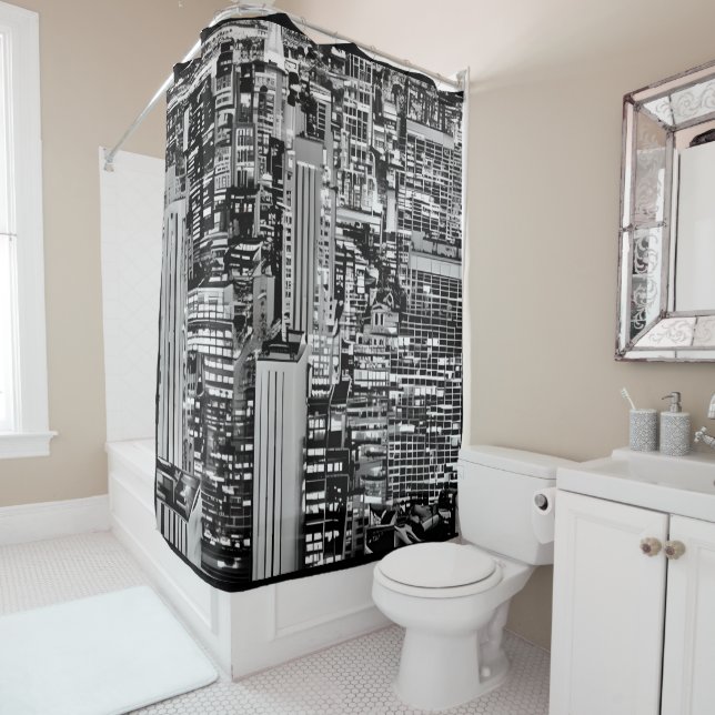 New York Cityscape in Black and White Shower Curtain (In Situ)