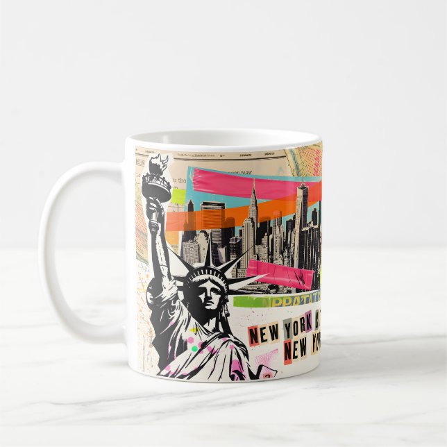 New York Cityscape Travel Magazine Pop Art Collage Coffee Mug (Left)