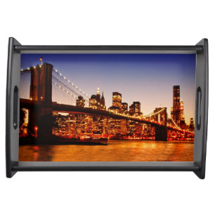 New York cityscape with bridge over river Serving Tray