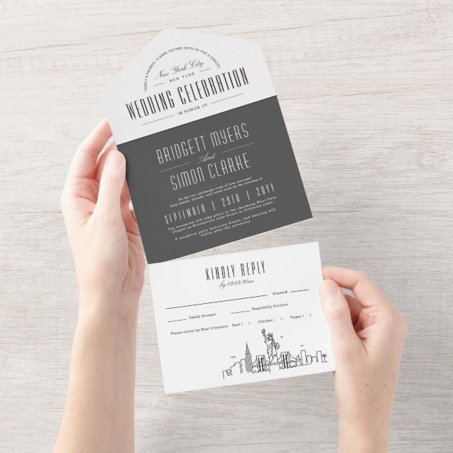 New York Deco Skyline | Grey-Style Wedding All In One Invitation (Tearaway)