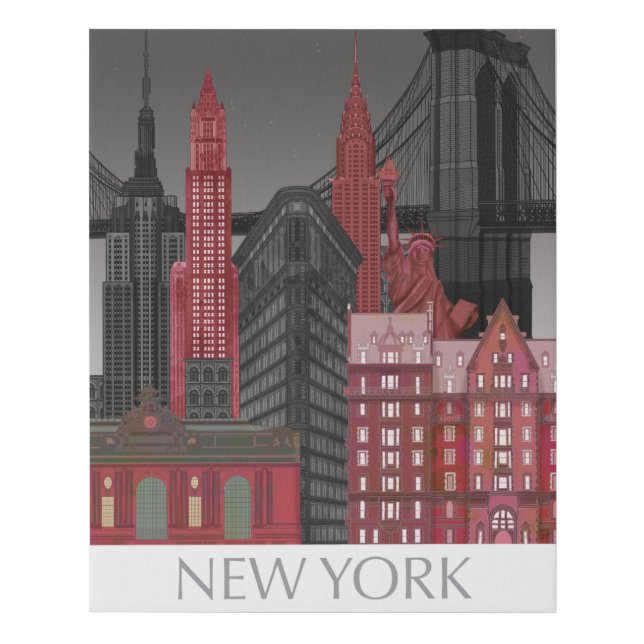 New York Elevations by Night - Red Faux Canvas Print (Front)