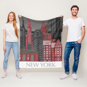 New York Elevations by Night - Red Fleece Blanket