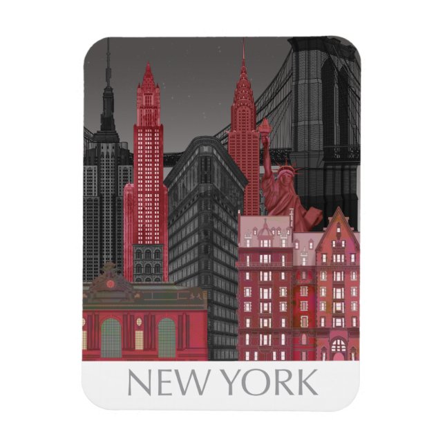 New York Elevations by Night - Red Magnet (Vertical)