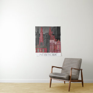 New York Elevations by Night - Red Tapestry
