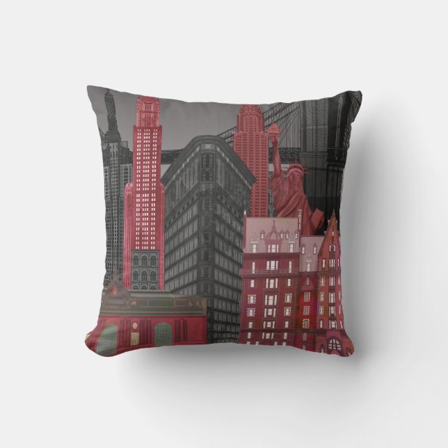 New York Elevations by Night - Red Throw Pillow (Front)