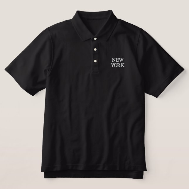 New York Embroidered Mens Polo Shirt Black (Design Front)