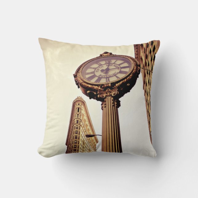 New York - Flatiron Building and Clock Throw Pillow (Front)