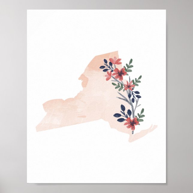 New York Floral Watercolor State Poster (Front)