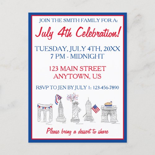 New York Fourth NYC 4th of July Patriotic Party Invitation Postcard