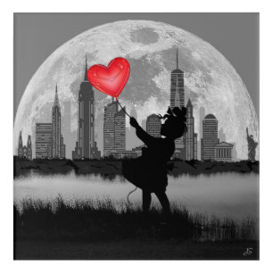 NEW YORK Full Moon Girl Heart Balloon Wall Art