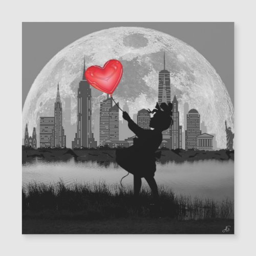 NEW YORK Full Moon Girl wh Balloon Magnetic Card