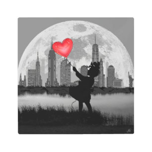 NEW YORK Full Moon Girl wh Balloon Metal Wall Art