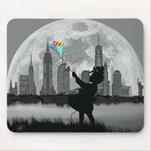 NEW YORK Full Moon Girl wh Blue Kite _ Mouse Pad