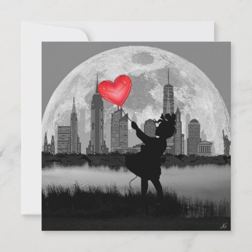 NEW YORK Full Moon Girl wh Heart Balloon Art Card