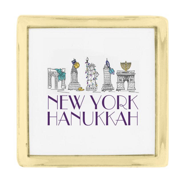 New York Hanukkah NYC Chanukah Jewish Holiday Gold Finish Lapel Pin (Front)