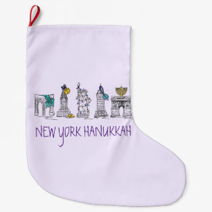New York Hanukkah Purple Chanukah Holiday Landmark Large Christmas Stocking