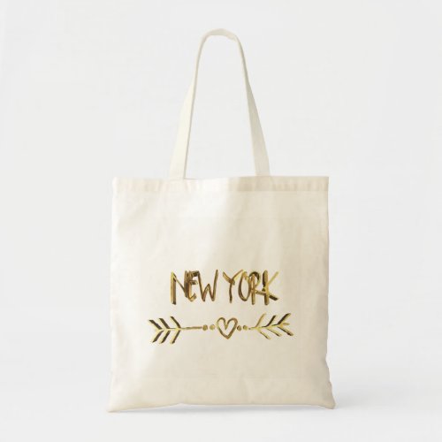 New York Heart Arrow Elegant Gold Brown Typography Tote Bag