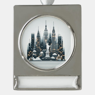 New York Holiday Elegance - Customizable Christmas Silver Plated Banner Ornament
