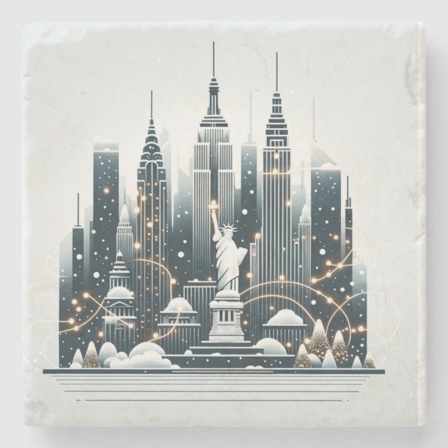 New York Holiday Elegance - Customizable Christmas Stone Coaster (Front)