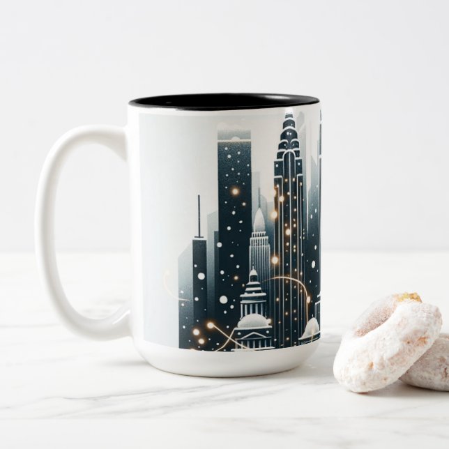 New York Holiday Elegance - Customizable Christmas Two-Tone Coffee Mug (With Donut)