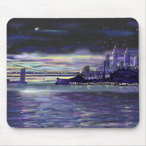 New York Hudson River Manhattan Purple Sunset Art Mouse Pad