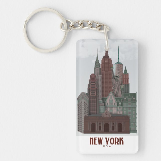New York in Clouds - Dark Red and Green Keychain (Front)