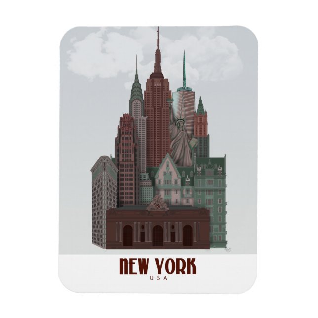 New York in Clouds - Dark Red and Green Magnet (Vertical)