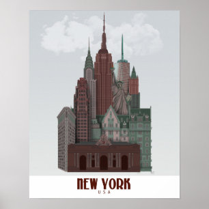 New York in Clouds - Dark Red and Green Poster