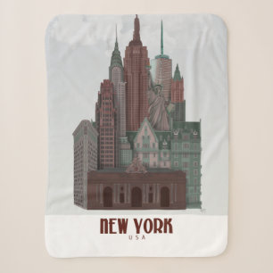 New York in Clouds - Dark Red and Green Sherpa Blanket